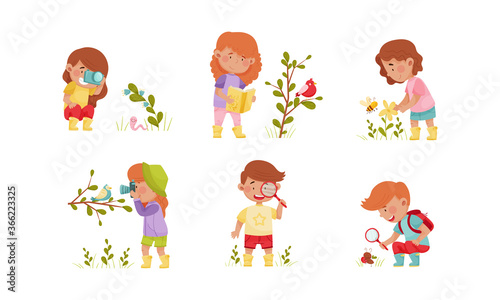 Little Kids Holding Magnifying Glass and Camera Exploring Nature Vector Illustrations Set