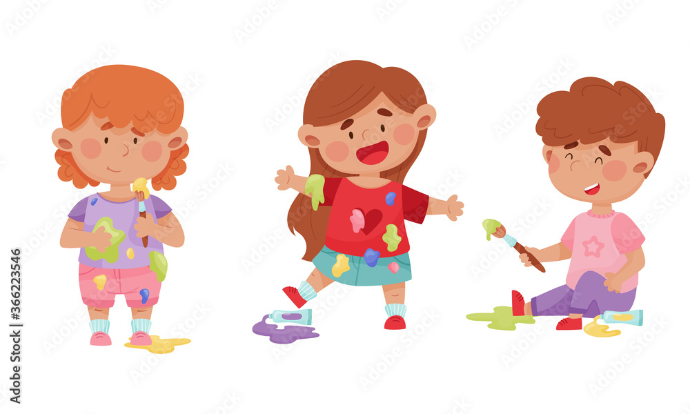 Playful Children in Stained Clothes Holding Paintbrushes and Paints Vector Illustrations Set Playful Children in Stained Clothes Holding Paintbrushes and Paints Vector Illustrations Set