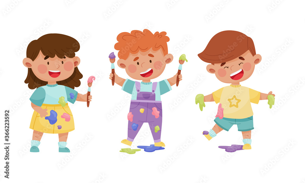 Playful Children in Stained Clothes Holding Paintbrushes and Paints Vector Illustrations Set