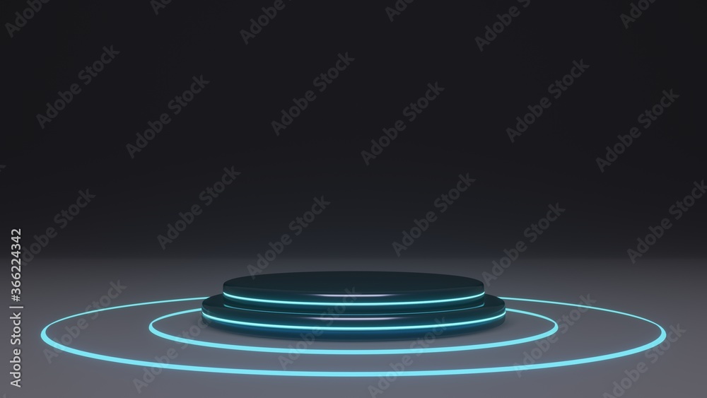 Fototapeta premium 3D-rendering of circle pedestal on a black background. The element include neon light and black stage.