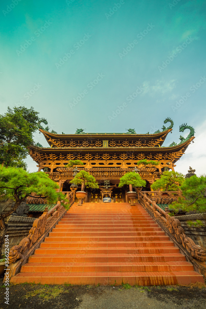 Fototapeta premium Minh Thanh pagoda, a majestic Buddhist architectural structure in Pleiku city in Pleiku city, Gia Lai province (Central Highland of Vietnam)