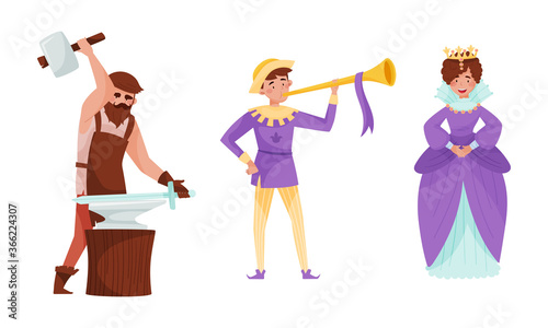 Medieval People with Queen and Bearded Blacksmith Vector Set