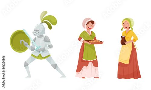 Medieval People with Armored Knight and Peasant Woman Vector Set