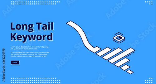 Long tail keyword banner with isometric icons on blue background. Vector landing page of SEO optimization service with line art illustration of analytics graph
