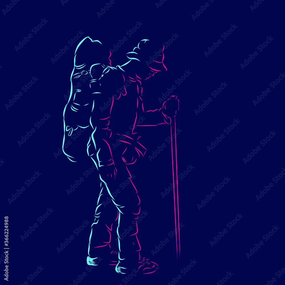 Mountain hikers line pop art potrait logo colorful design with dark background. Abstract vector illustration. Isolated black background for t-shirt, poster, clothing, merch, apparel, badge design Mountain hikers line pop art potrait logo colorful design with dark background. Abstract vector illustration. Isolated black background for t-shirt, poster, clothing, merch, apparel, badge design