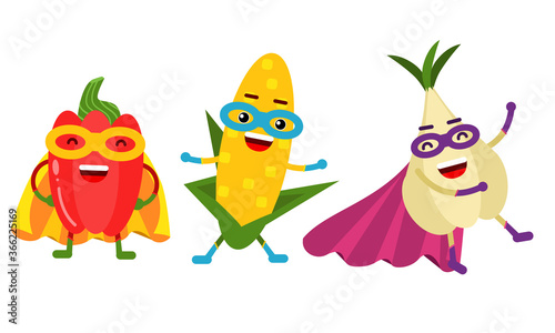 Funny Vegetables Wearing Superhero Cloak Vector Illustration Set