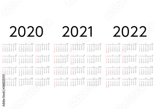 2020年から2022年の日曜始まり3年カレンダー