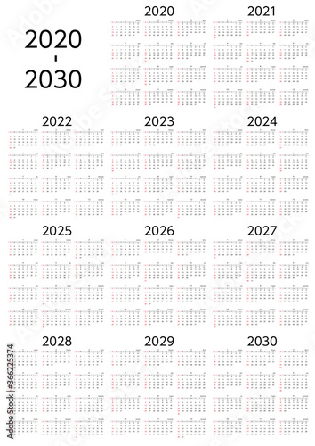2020年から2030年の日曜始まり10年カレンダー photo