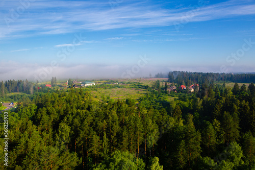 Landscape view of the village in the fog