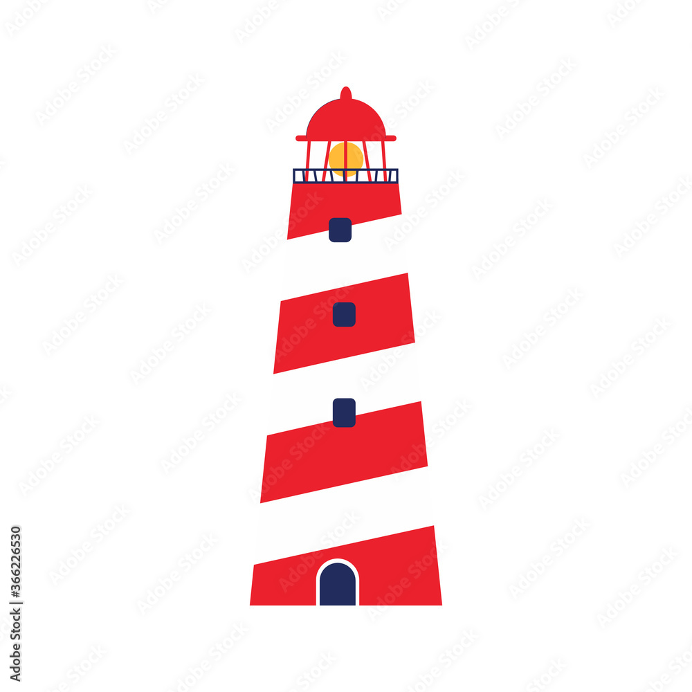Isolated white and red vector of lighthouse. 