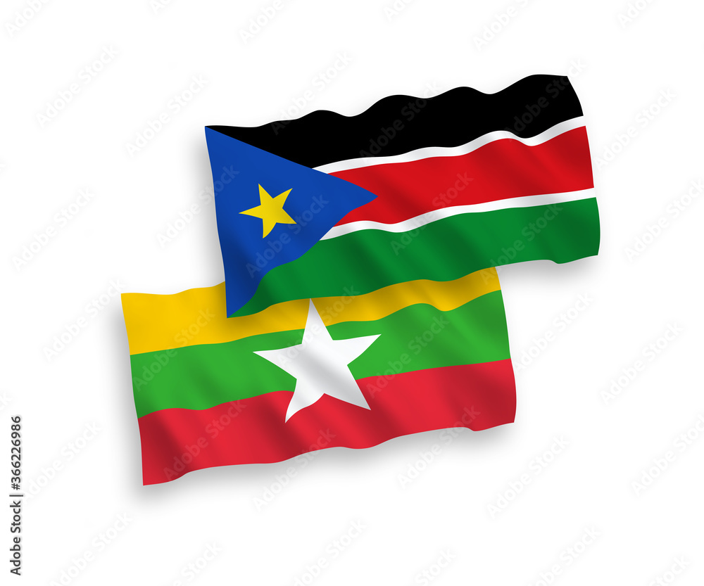 Flags of Republic of South Sudan and Myanmar on a white background Flags of Republic of South Sudan and Myanmar on a white background