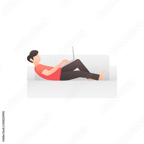 Man work from home with laptops during coronavirus self isolation quarantine vector flat style illustration