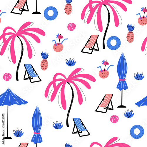 Vector seamless pattern with palm trees, pineapples, coconut cocktails, sun loungers, inflatable rings, balls, beach umbrellas on white. Summertime and vacation. Pink, coral and blue colors.