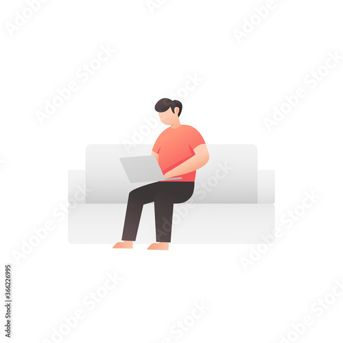 Man work from home with laptops during coronavirus self isolation quarantine vector flat style illustration