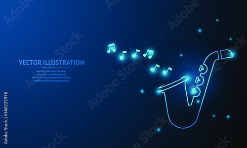 Glowing saxophone on blue abstract background. music back ground