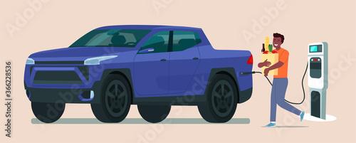 Afro american man carry grocery bags in electric pickup car. Electric car is charging. Vector flat illustration.