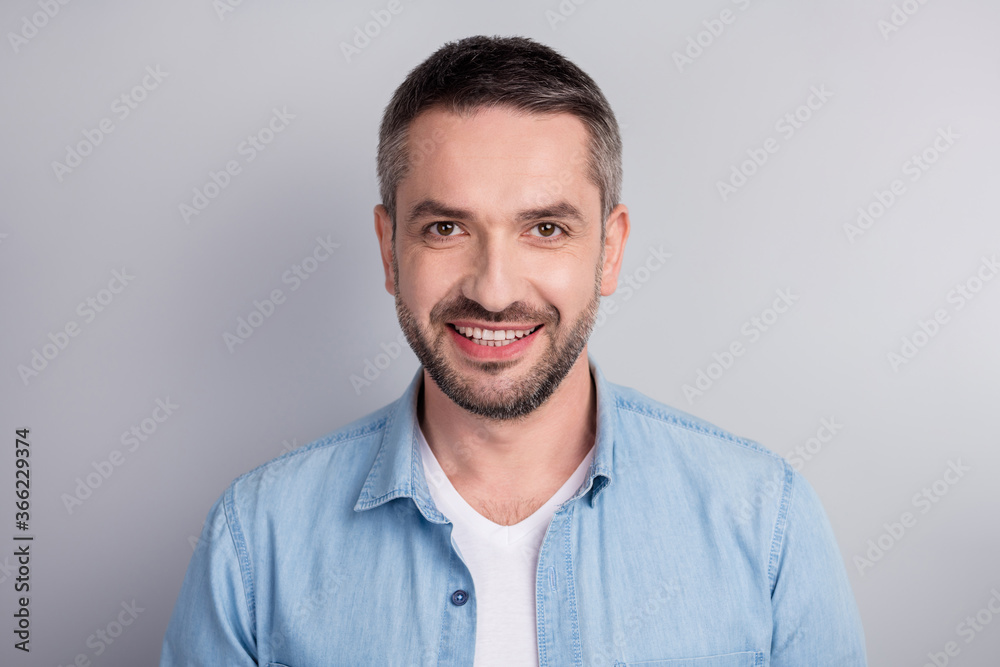 Close-up portrait of his he nice attractive content successful cheerful cheery guy beaming smile healthy teeth isolated over gray light pastel color background - obrazy, fototapety, plakaty 