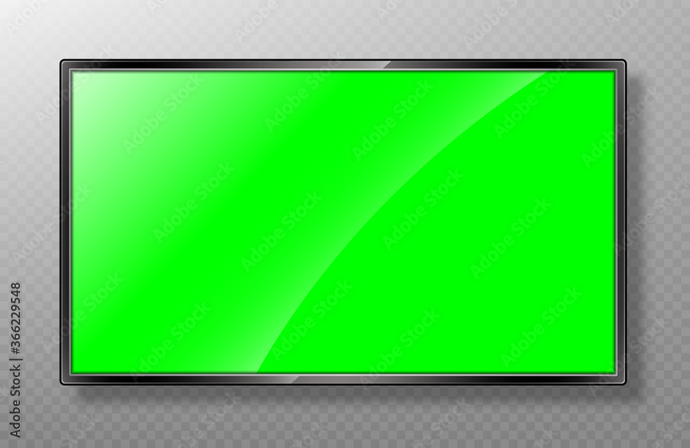 Realistic modern TV screen mockup. Lcd panel with green screen isolated on transparent background. Led monitor display. Blank television template. Vector realistic illustration