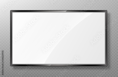 Realistic TV screen mockup. Modern lcd panel isolated on transparent background. Led monitor display. Blank television template. Vector realistic illustration