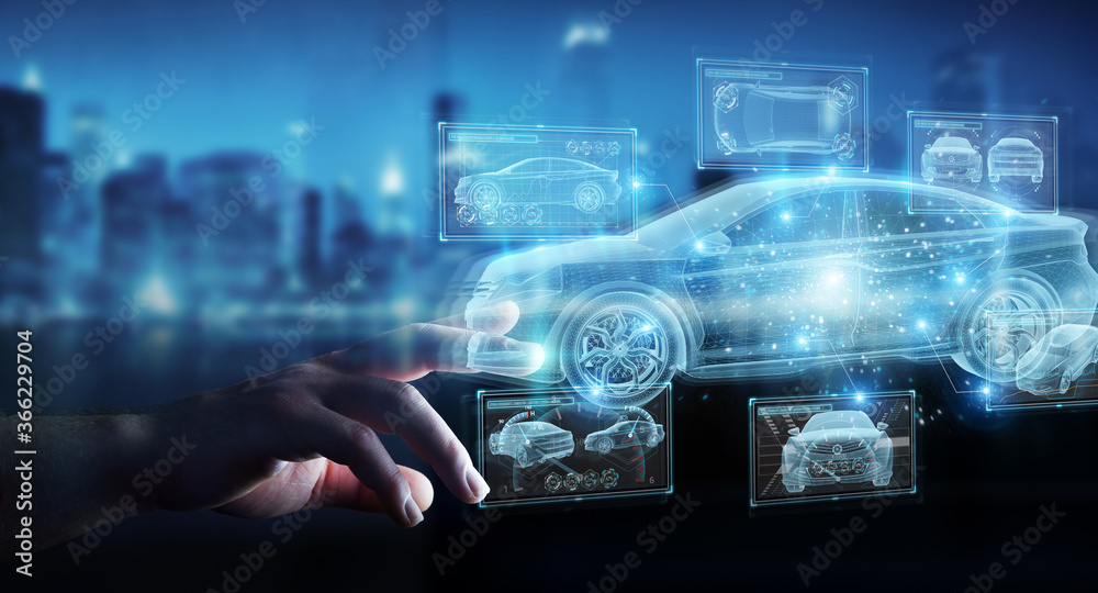 © sdecoret - Man hand holding and touching holographic smart car interface projection 3D rendering