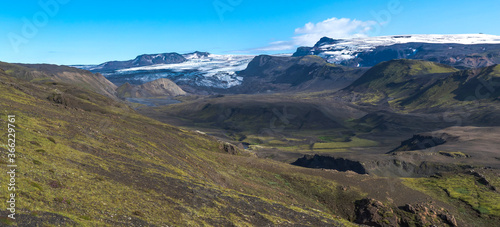 Panoramic landscape with blue Markarfljot river canyon, green hills and eyjafjallajokull volcano glacier. Laugavegur hiking trail. Fjallabak Nature Reserve, Iceland. Summer blue sky