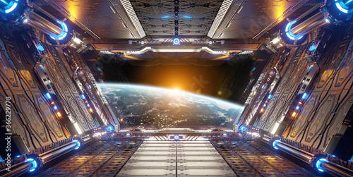 Fototapeta Naklejka Na Ścianę i Meble -  Orange and blue futuristic spaceship interior with window view on planet Earth 3d rendering