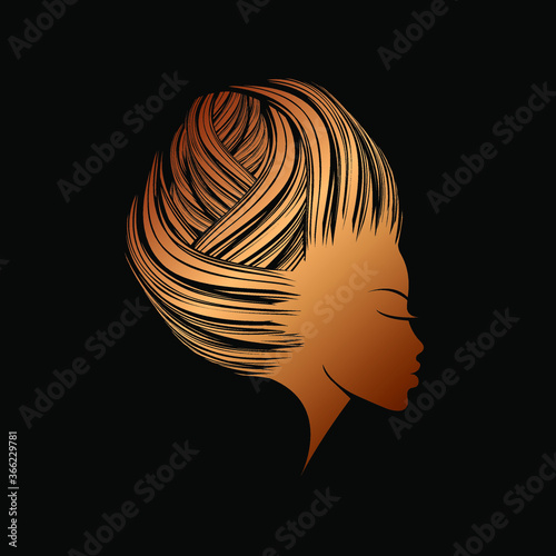 Beautiful woman with Afro hairstyle and natural makeup.Hair salon and beauty studio logo.Cosmetics and spa illustration.Young lady portrait.Cute face.Shiny copper color.Profile view.