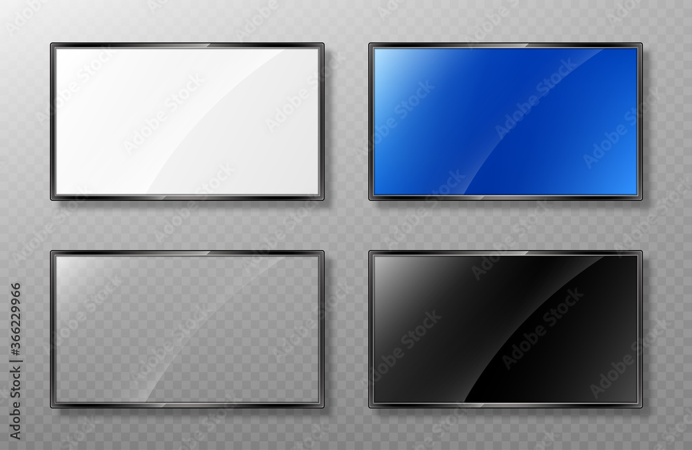 Realistic set modern TV screen mockup. Lcd panel isolated on transparent background. Led monitor display. Blank television template. Vector realistic illustration