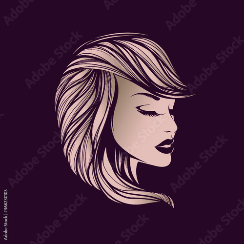 Beautiful woman with long, wavy hairstyle and elegant makeup.Hair salon and beauty studio logo.Cosmetics and spa icon.Young lady face with shiny skin.Female portrait isolated on dark background.