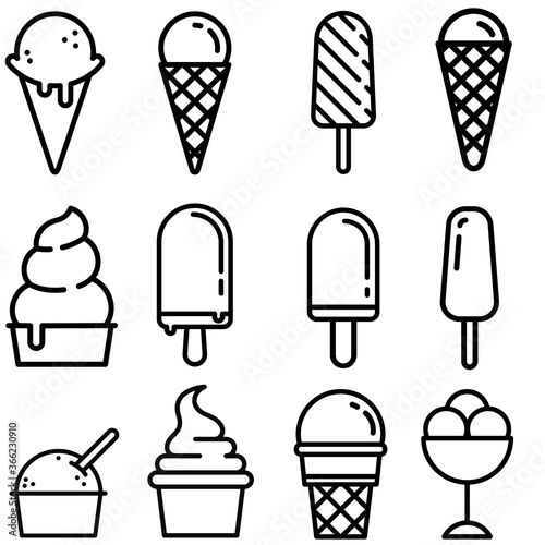 Ice cream vector icons set. Waffle cone illustration sign collection. Ice lolly symbol. Frozen juice logo.