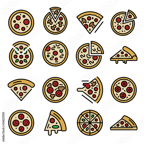 Pizza icons set. Outline set of pizza vector icons thin line color flat on white