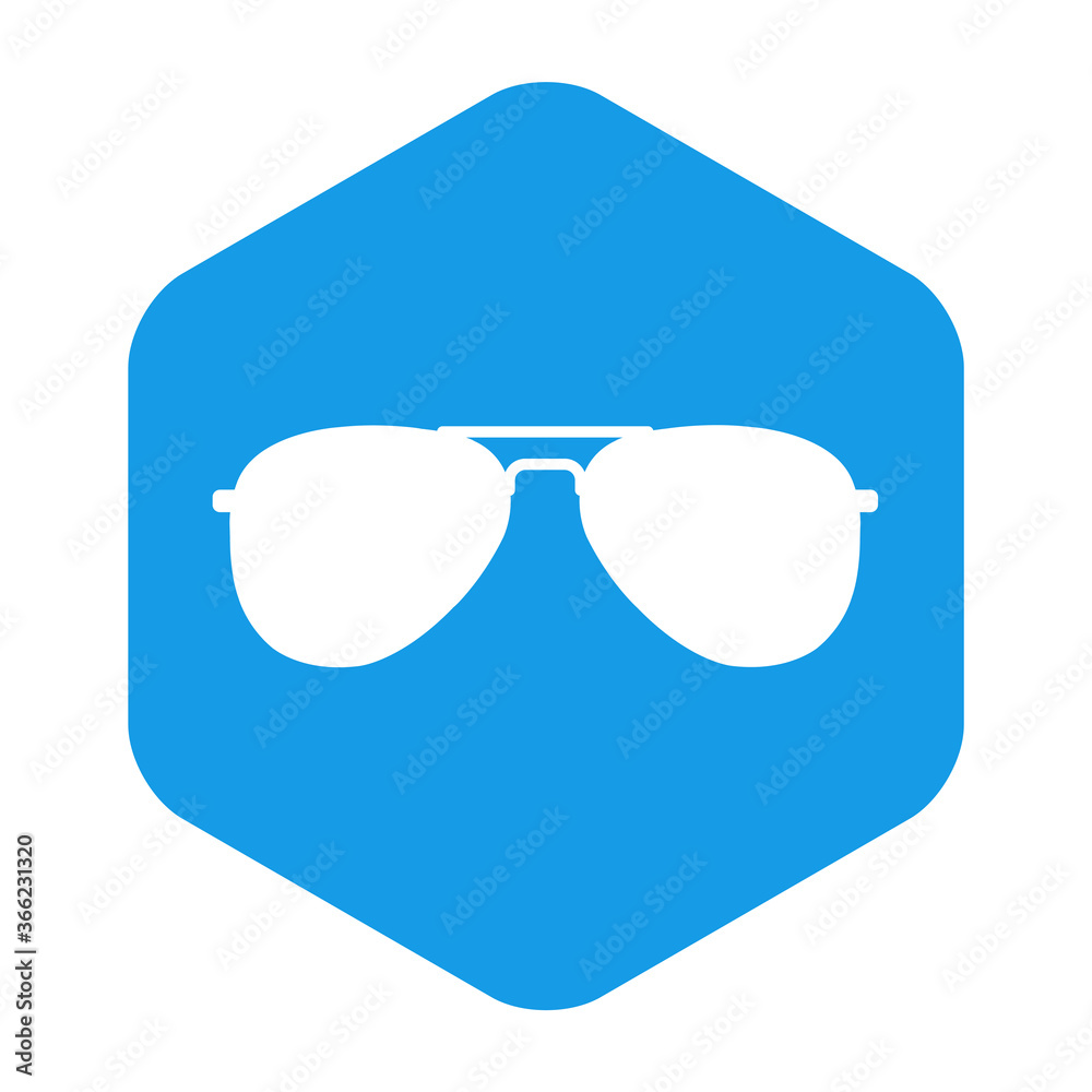 Concepto tienda de lentes. Icono plano con gafas de sol estilo aviador en hexágono color azul Concepto tienda de lentes. Icono plano con gafas de sol estilo aviador en hexágono color azul