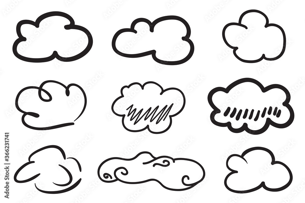 Clouds on isolation background. Doodles on white. Hand drawn line art. Black and white illustration. Nature concept