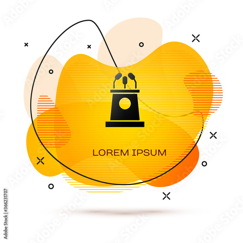 Black Stage stand or debate podium rostrum icon isolated on white background. Conference speech tribune. Abstract banner with liquid shapes. Vector Illustration.