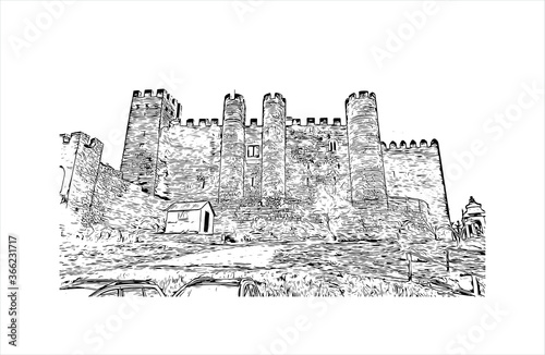 Building view with landmark of Obidos is a town and a municipality in Oeste region. Hand drawn sketch illustration in vector.