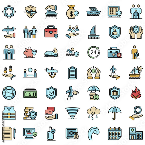 Family travel insurance icons set. Outline set of family travel insurance vector icons thin line color flat on white