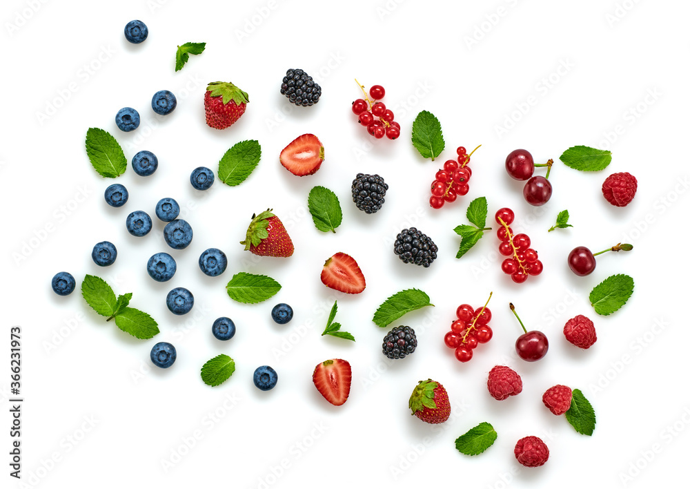 Blueberry, raspberry, blackberry, redcurrant, strawberry, cherry isolated on white. Fresh blueberry, berries mix closeup. Red raspberry, blue blackberry, mint creative composition. Blueberry, raspberry, blackberry, redcurrant, strawberry, cherry isolated on white. Fresh blueberry, berries mix closeup. Red raspberry, blue blackberry, mint creative composition.