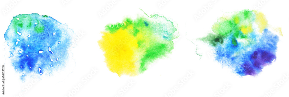 Watercolor blue-green, yellow-green and yellow-blue spots. Three spots isolated on white background