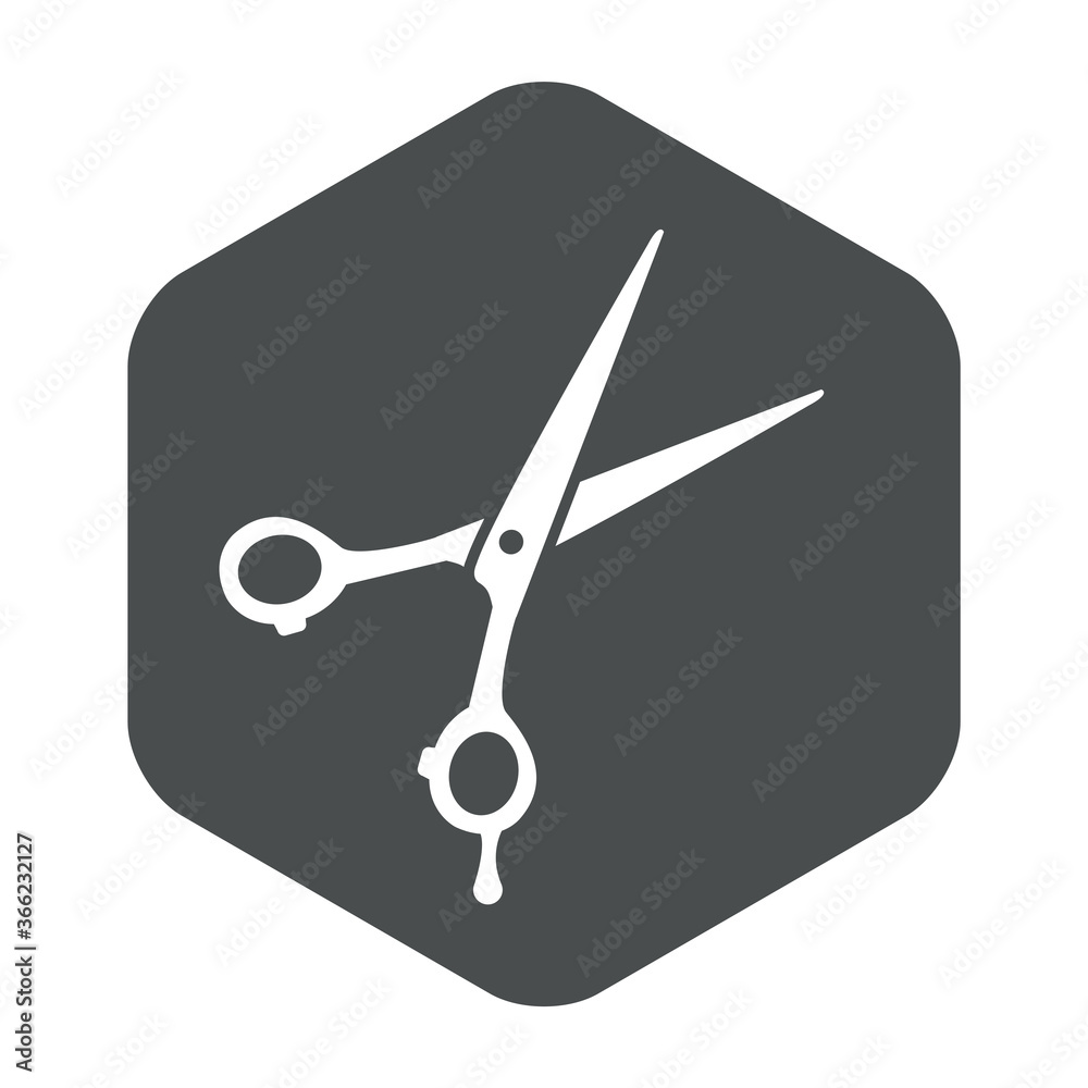 Concepto peluquería. Icono plano tijeras de peluquero en hexágono color gris Concepto peluquería. Icono plano tijeras de peluquero en hexágono color gris