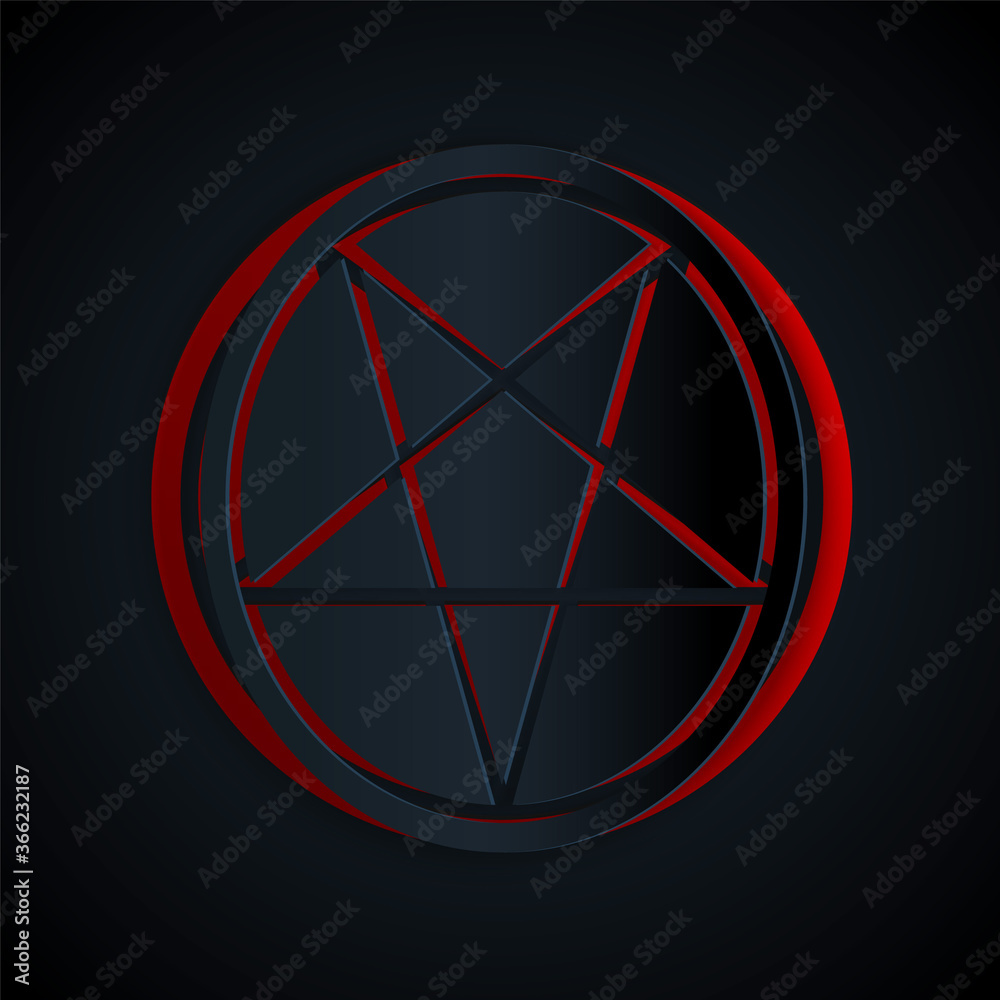 Fototapeta Paper cut Pentagram in a circle icon isolated on black background. Magic occult star symbol. Paper art style. Vector Illustration.
