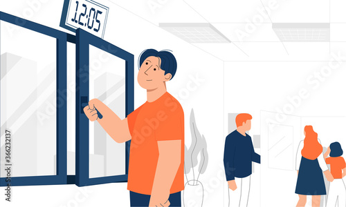 Male office worker opening the window while his colleagues are leaving room. Airing at workplace. New normal rules of prevention the second wave of pandemic.