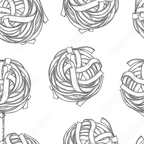 Seamless background. Pasta Fettuccine Tagliatelle Pappardelle or Taglierini sketch. Italian Food vector illustration. Vintage hand drawn doodle style. Engraved, ink, outline. Hand drawing.