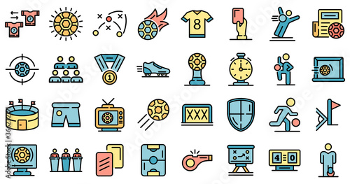 Soccer icons set. Outline set of soccer vector icons thin line color flat on white