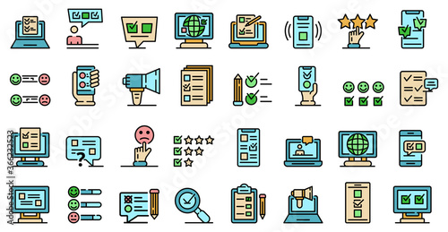 Online survey icons set. Outline set of online survey vector icons thin line color flat on white
