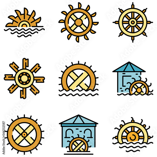 Water mill icons set. Outline set of water mill vector icons thin line color flat on white