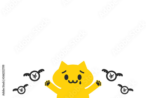 泣いている猫と飛んでいく¥マーク付きのお金(円・元)：赤字・出費・支払い・税金・増税・コロナ禍のイメージ素材