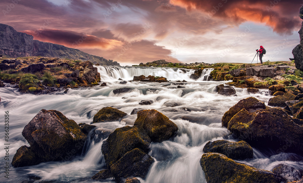 Fototapeta premium Wonderful nature of Iceland. fresh green grass and icelandic moss near river with waterfall. Tipical Icelandic scenery during sunset. Dramatic Scene of powerfull Waterfall with colorful sky