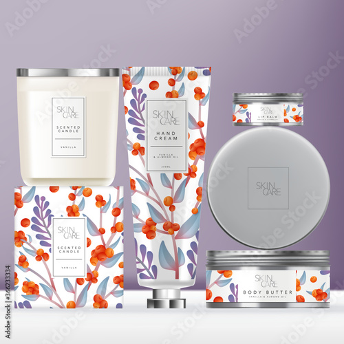 Vector Elegance Flower Pattern Toiletries or Skin Care Set with Hand Cream Tube, Scented Candle with Metallic Lid  & Metallic Lip Balm or Body Butter Tin Jar. Carton Box Outer Packaging.