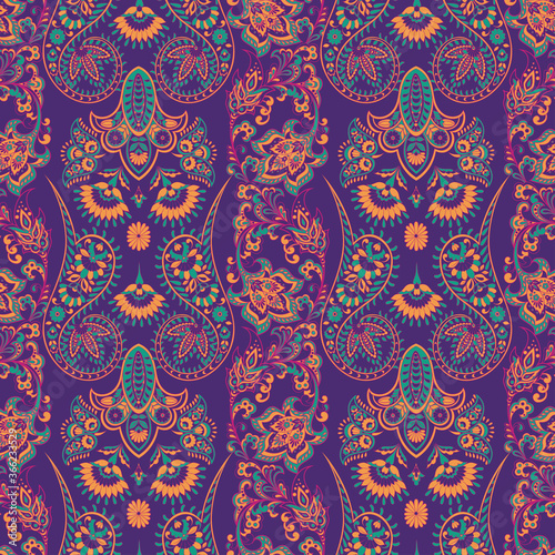 Paisley ethnic seamless pattern with floral elements