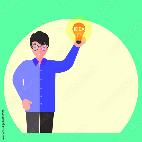 Business idea vector concept: portrait of businessman smiling while holding a glowing lightbulb written "Idea"